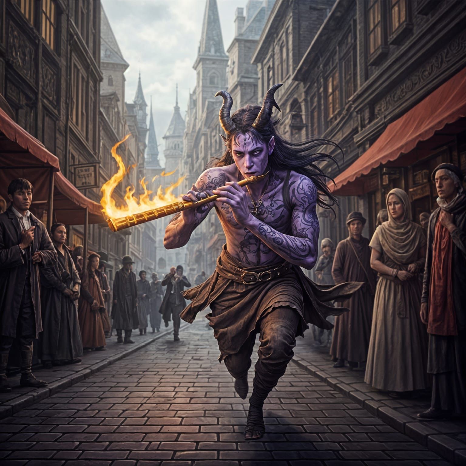 Fantasy Cityscape with Fiery Music and Dark Protagonist