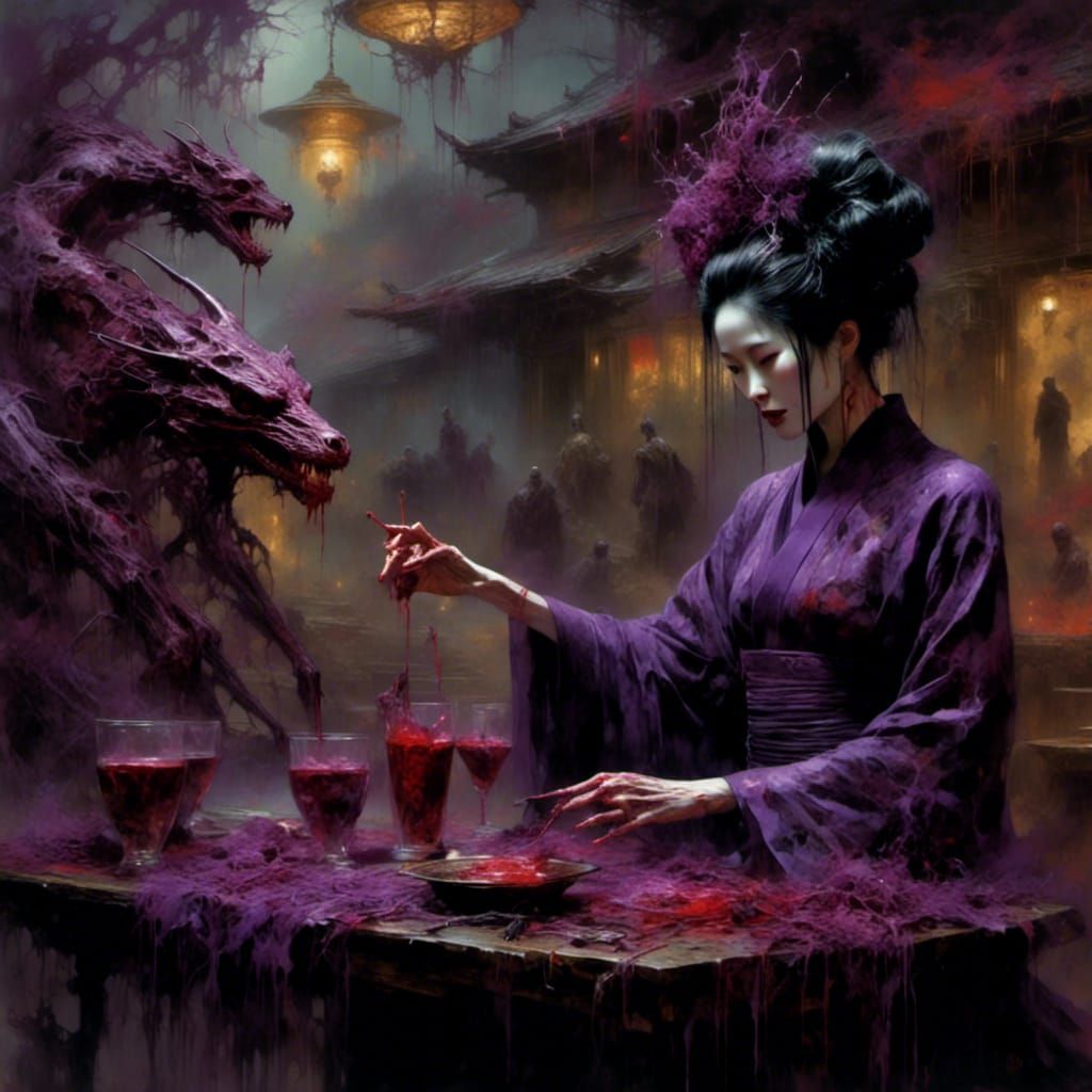Macabre Geisha Serving Glowing Drinks