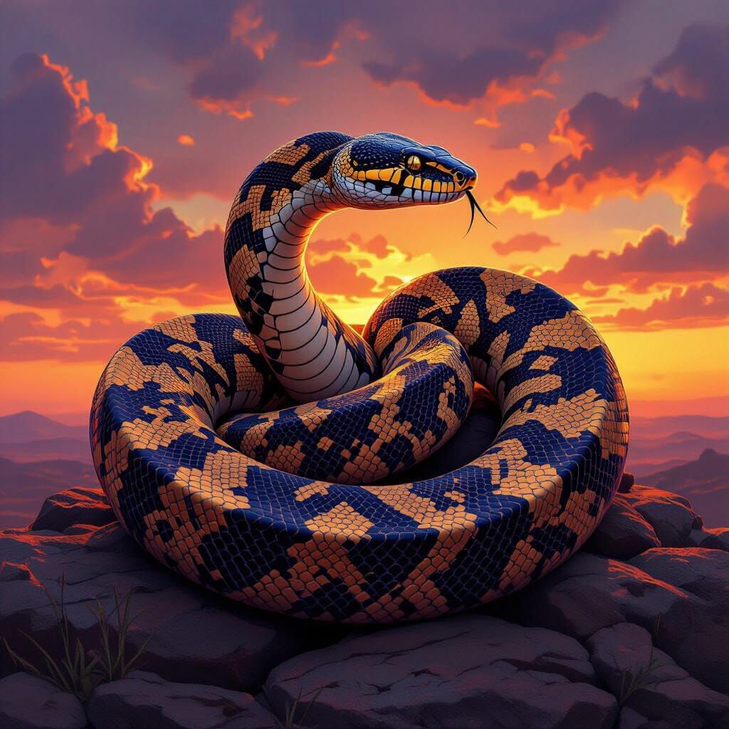 African Rock Python in Sfsink Pose at Sunset