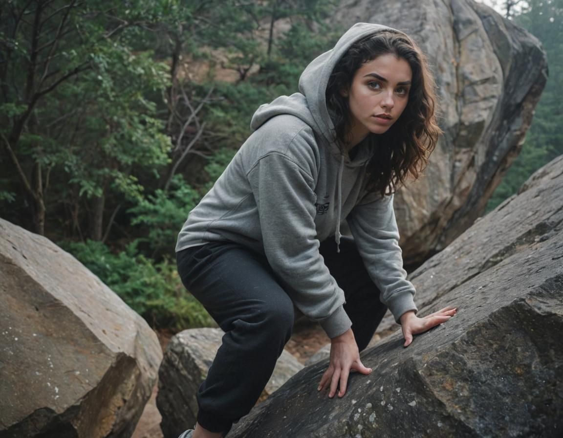 Young Woman Bouldering: Cinematic Film Still
