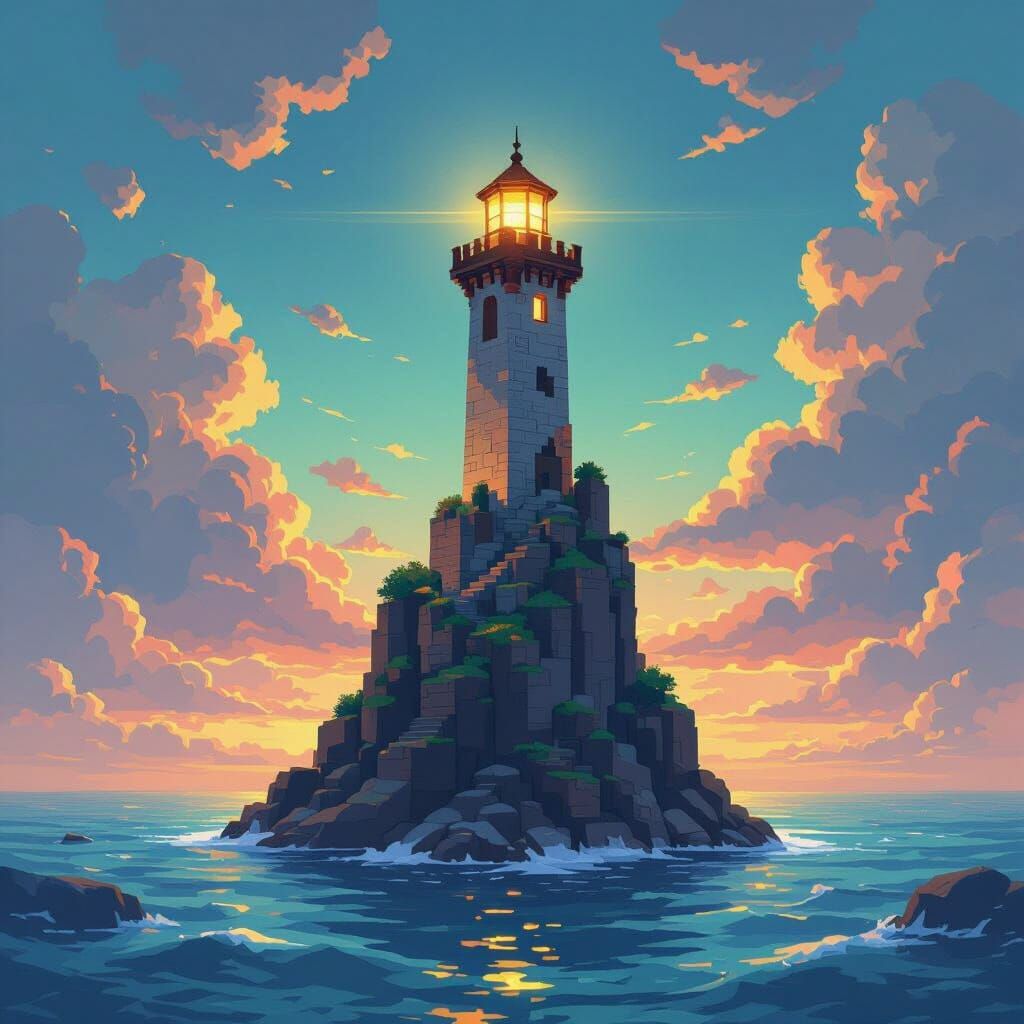 Minecraft Lighthouse Digital Painting in Ghibli Style