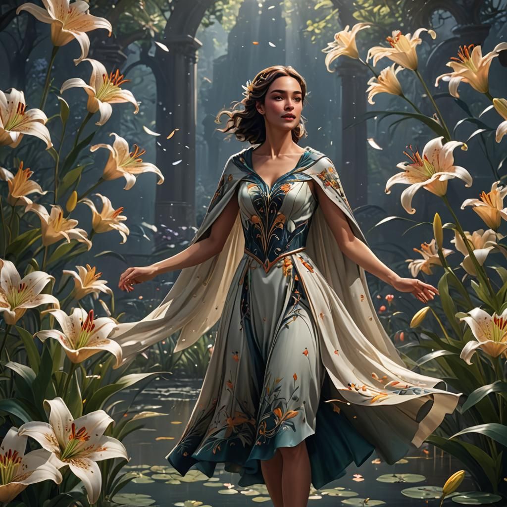 Woman Dancing with Lilies: Fantasy Concept Art