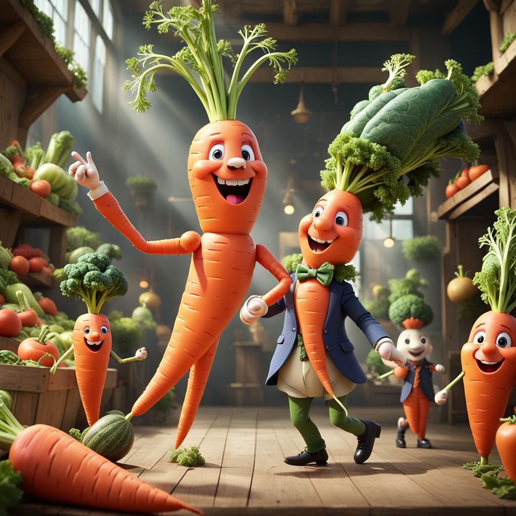 Dancing Carrot King in Whimsical Vegetable World