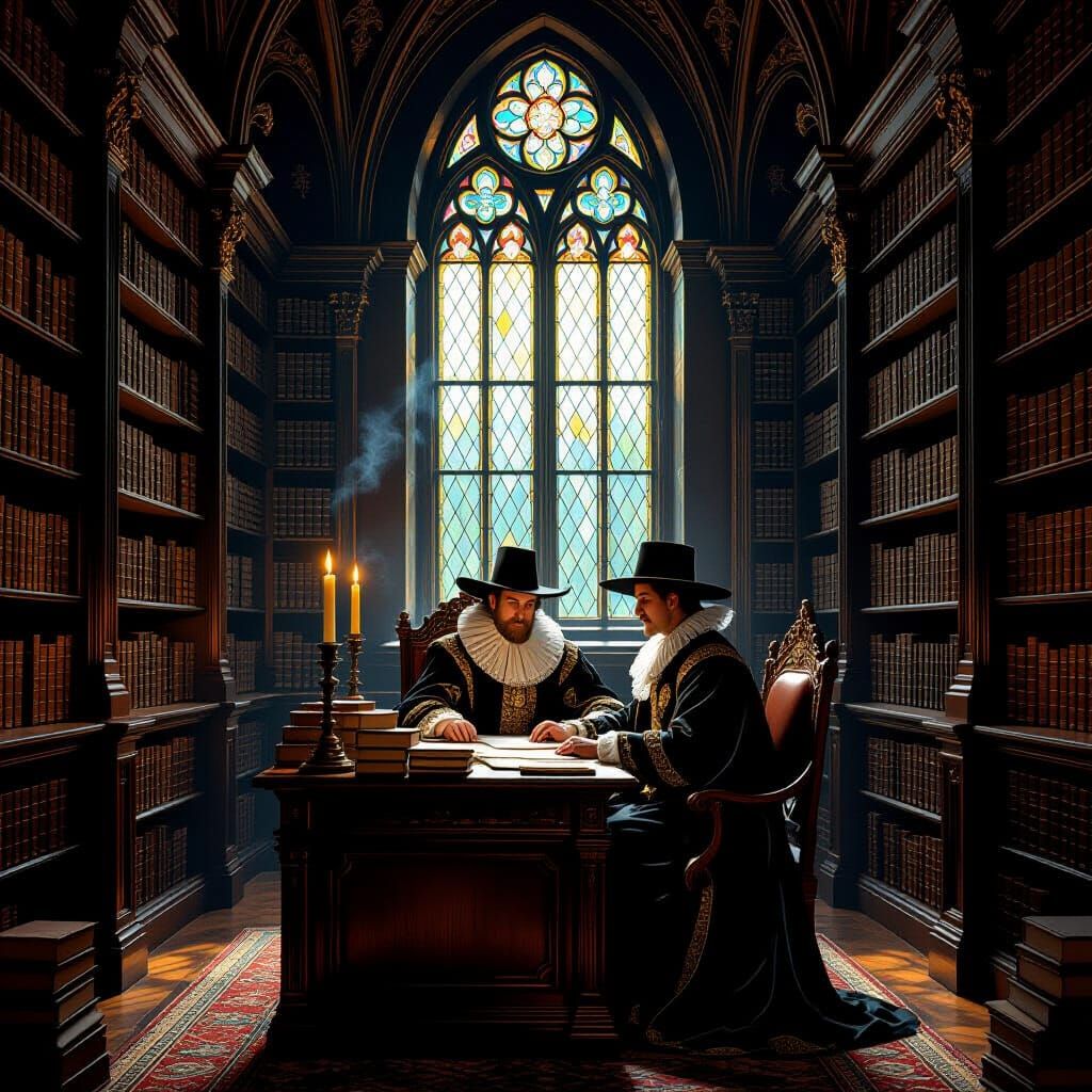 Mystical Library Scene in Rembrandt Style