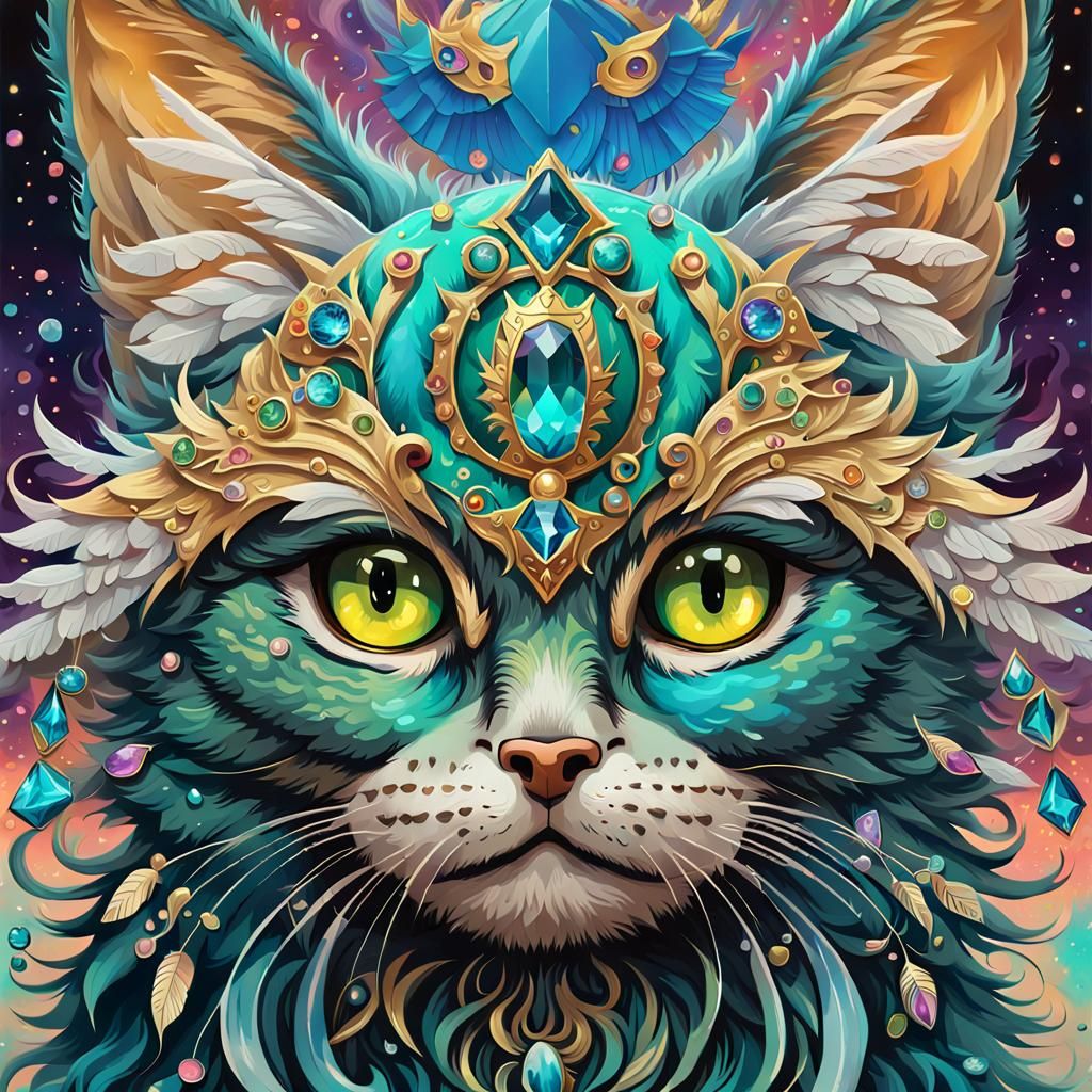 Psychedelic Anime Cat with Wings in Graffiti Art Style