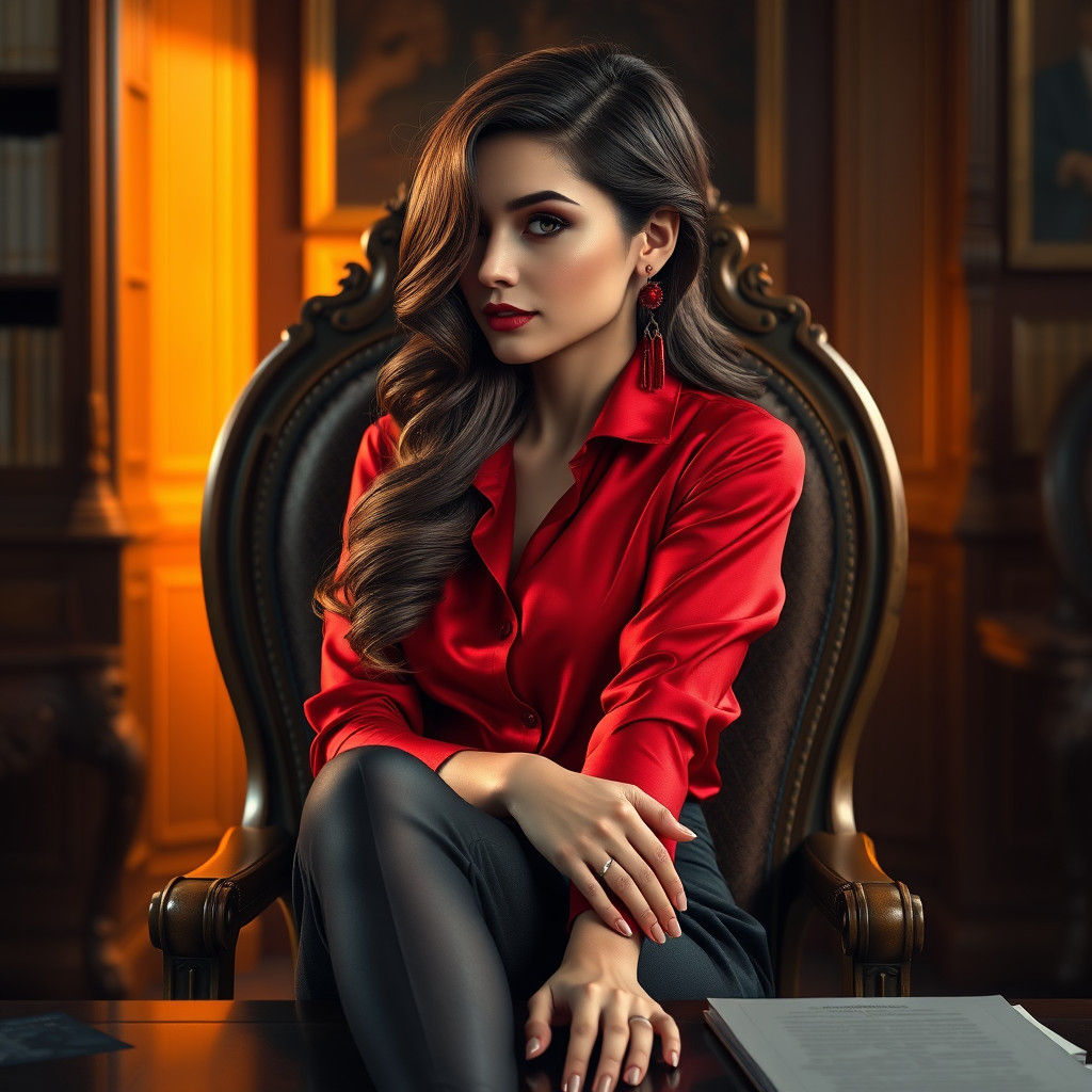 Brunette in Red Blouse, Fantasy Matte Painting