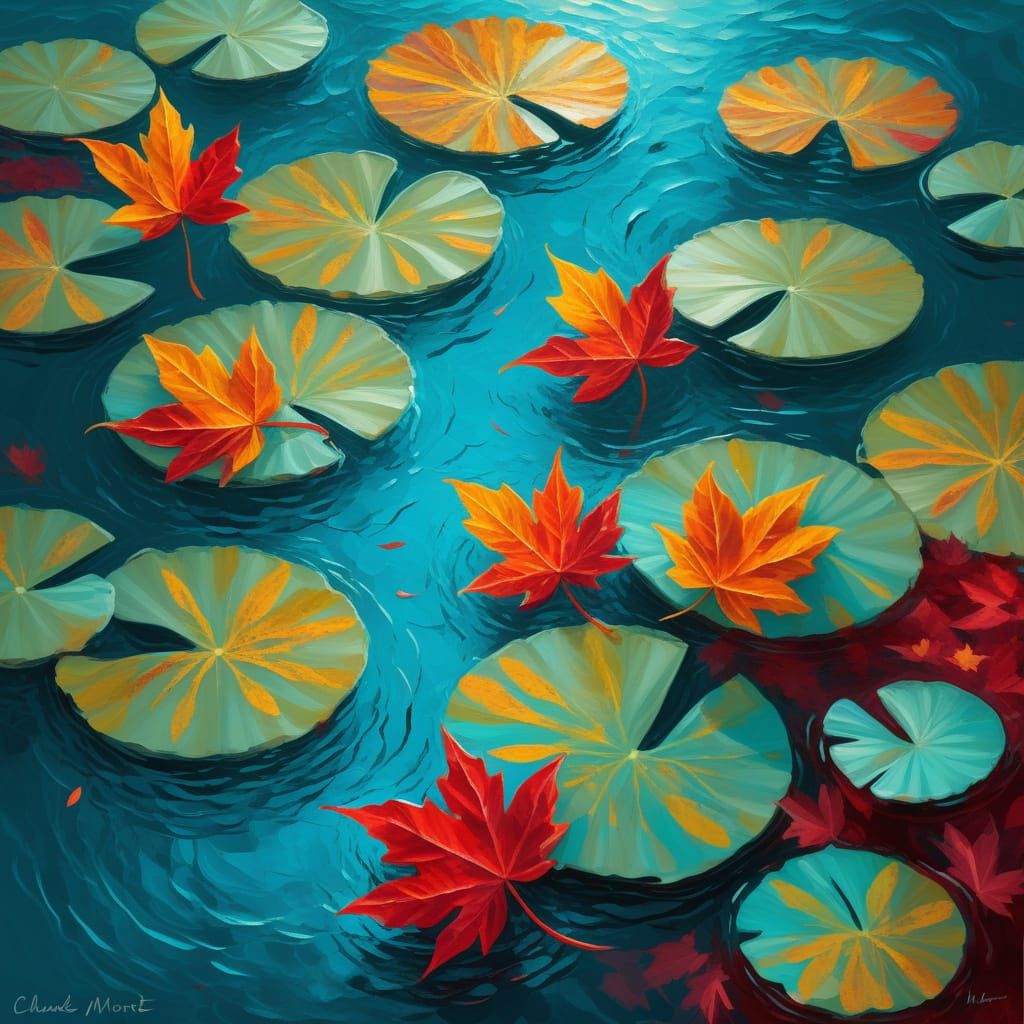 Crimson autumn maple leaves dancing on turquoise lily pads. ...