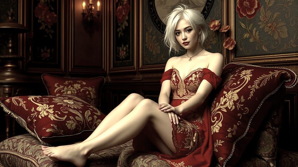 Elegant Woman in Baroque Interior, Art Nouveau Illustration