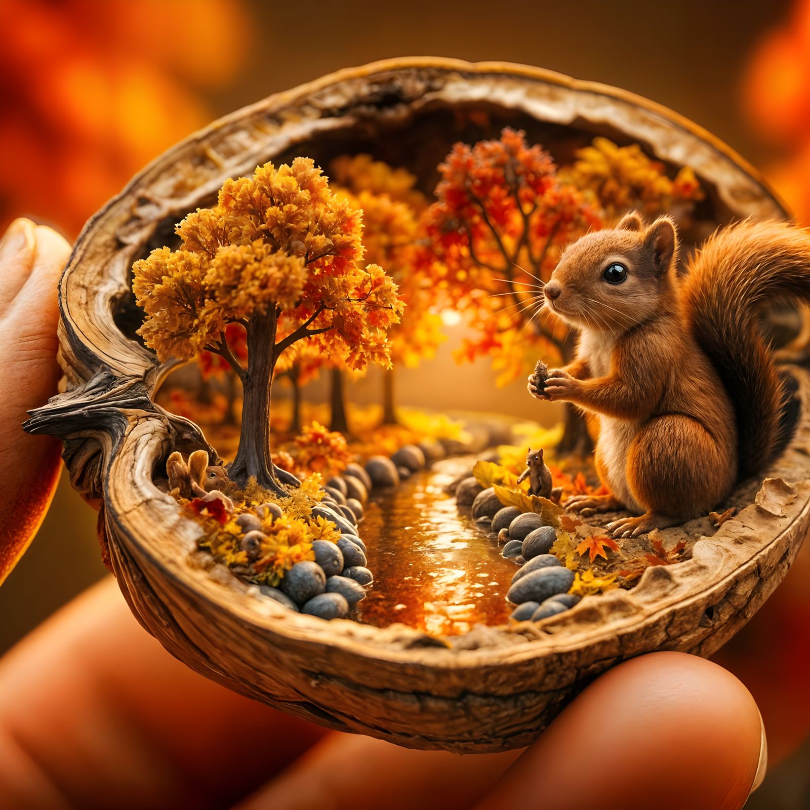Miniature Autumn Forest Inside Walnut Shell Held by Squirrel