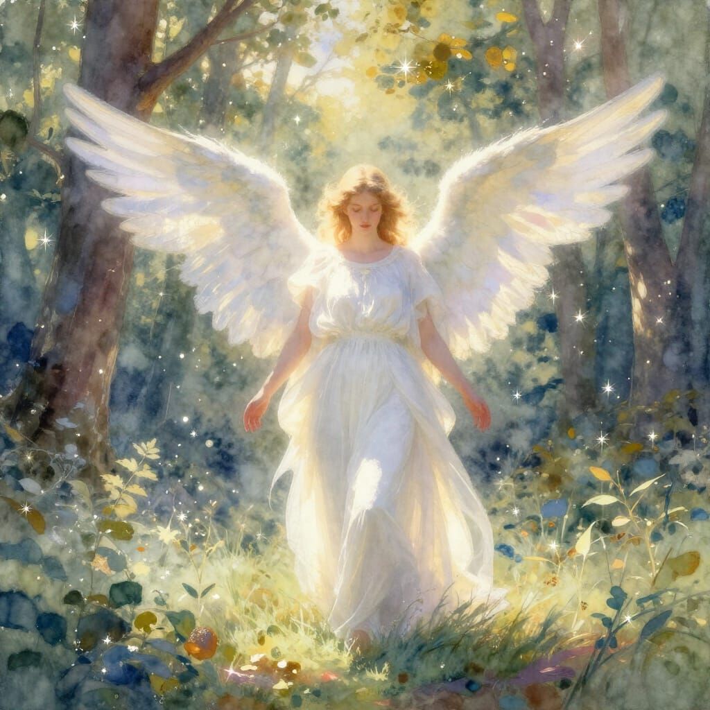 Ethereal Angel in Sun-Dappled Forest Clearing