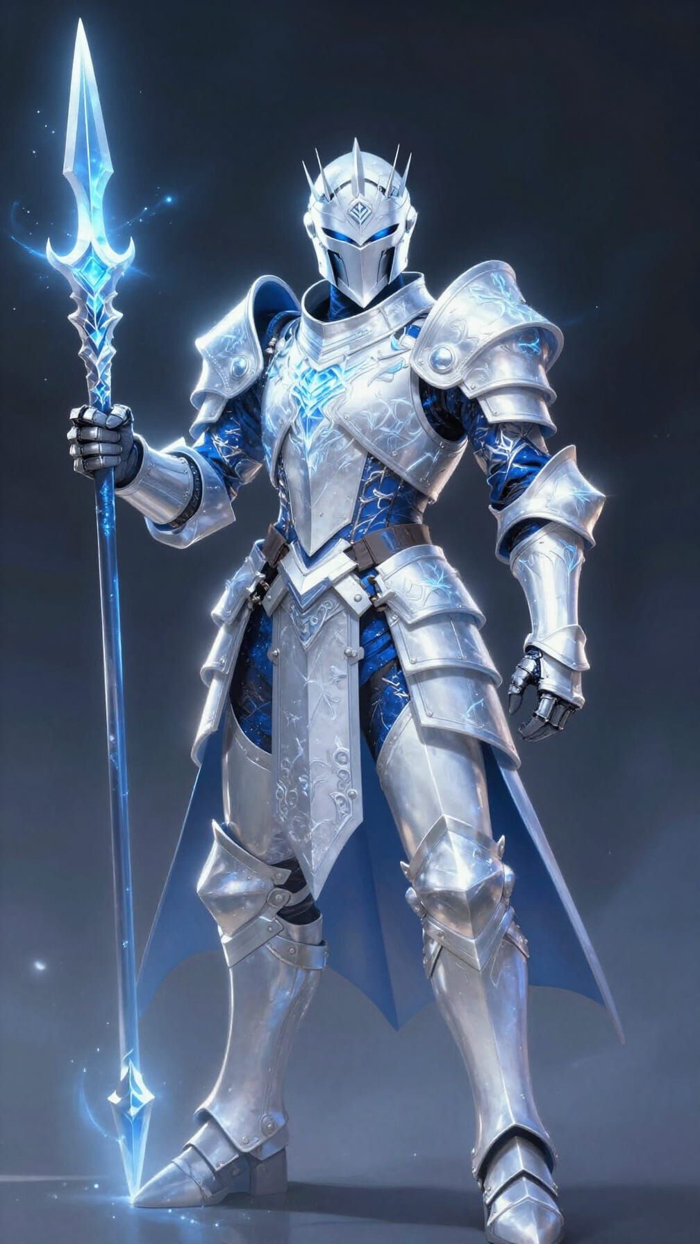 Frost Knight with White Blue Armor and Spear in Dark Fantasy...