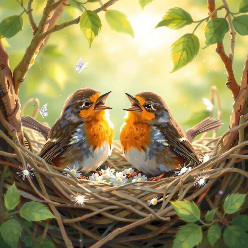 Robins Singing in Nest Storybook Illustration