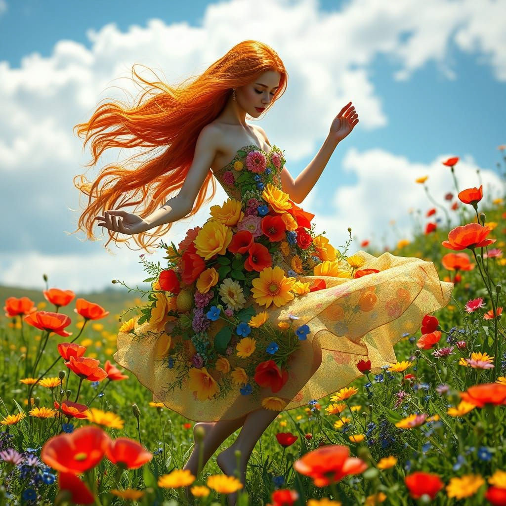 Luminous Summer Goddess of Ireland in Vibrant Floral Attire