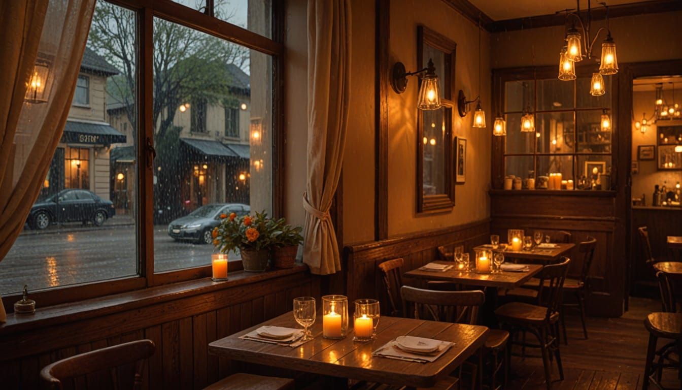 Cozy Winter Cafe Interior with Candlelight and Rain