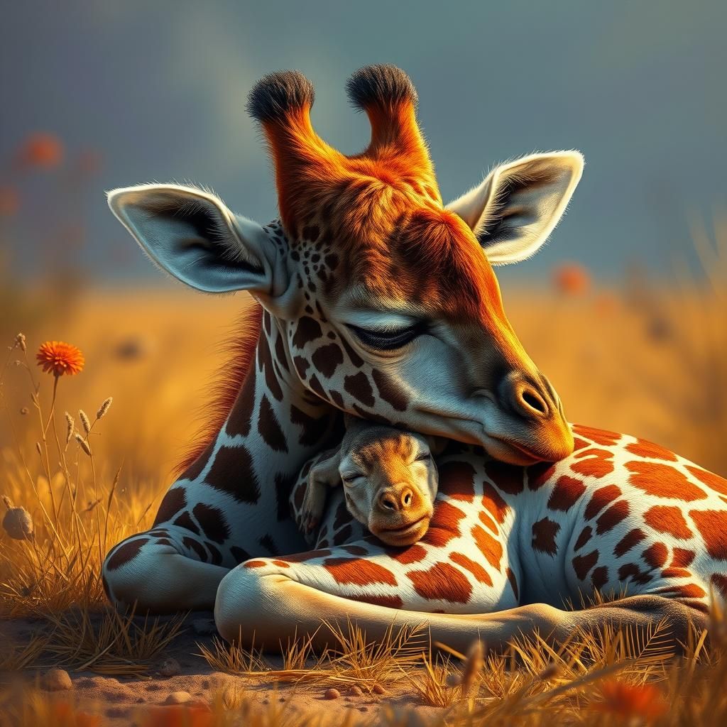 Baby Giraffe Sleeping in Savanna: Hyperrealistic Splash Art