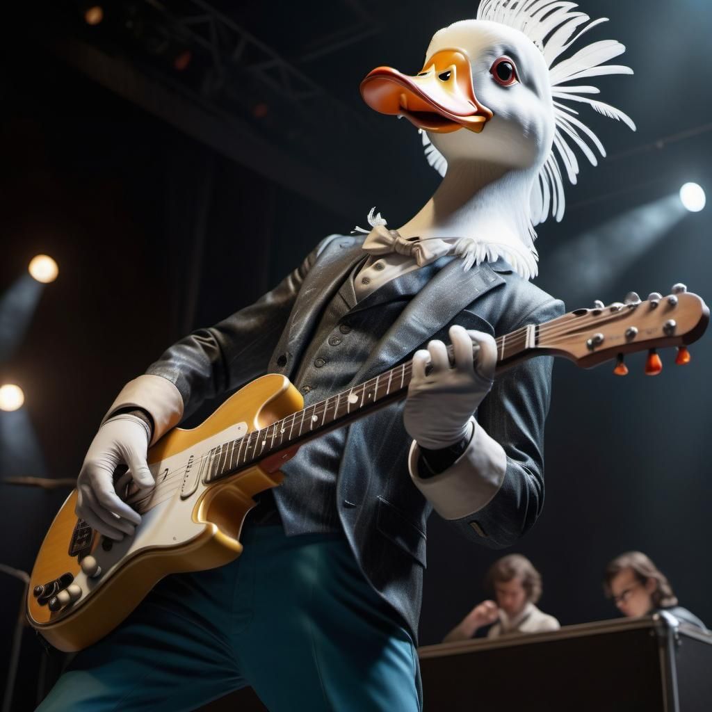 Hyperrealistic Duck Rockstar Scientist Hero on Stage