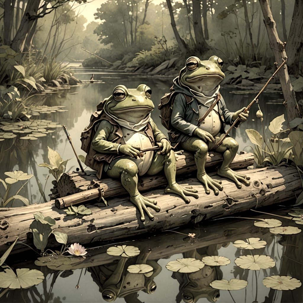 Frog Anglers by Tranquil Pond in Storybook Style