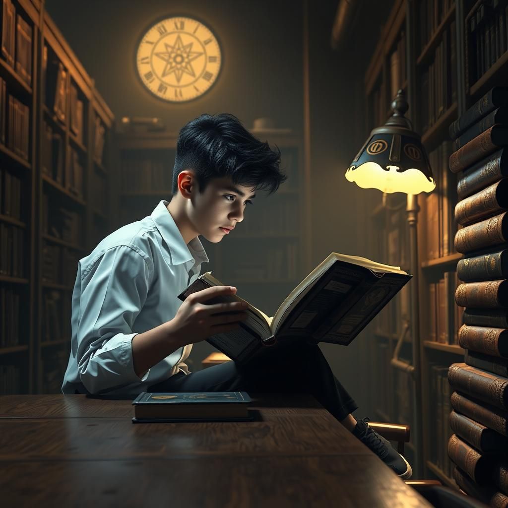 Boy Studying Physics in Atmospheric Library
