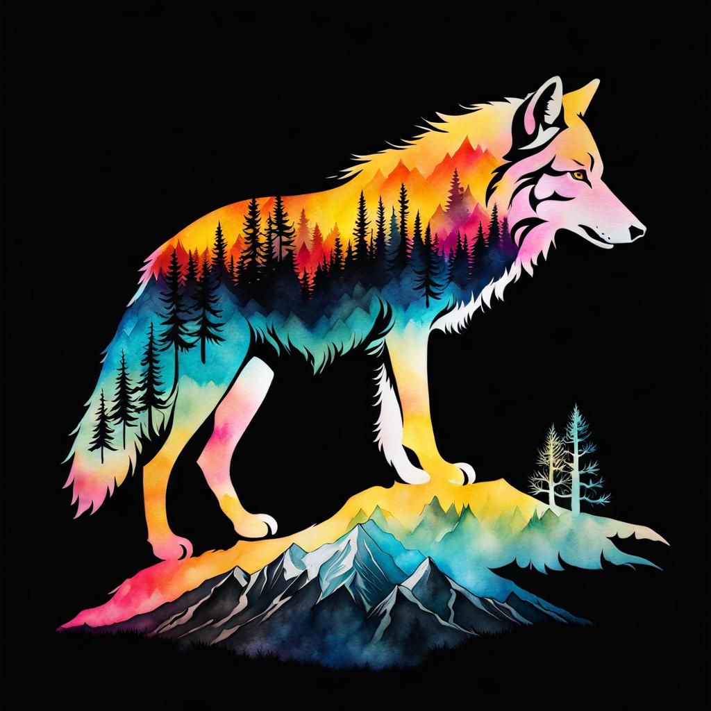 Misty Mountain Wolf Silhouette in Double Exposure Art
