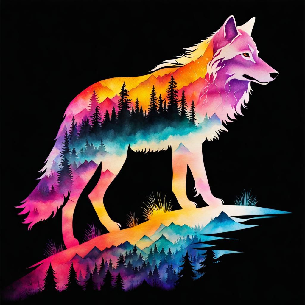 Mystical Wolf Silhouette Double Exposure Art