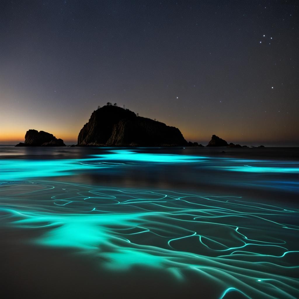 Glowing Bioluminescent Sea at Night