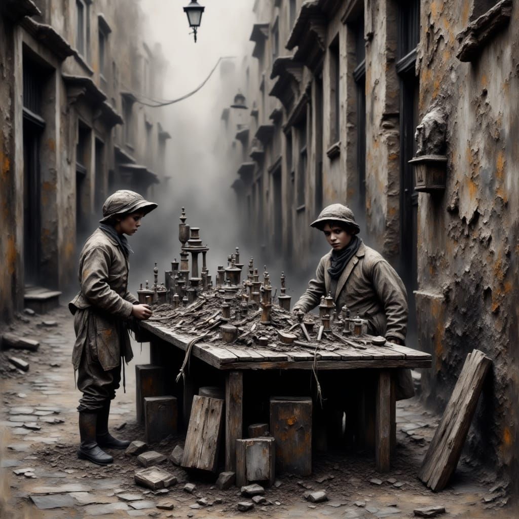 Victorian Urchins Selling Toys: Grungy B&W Photo