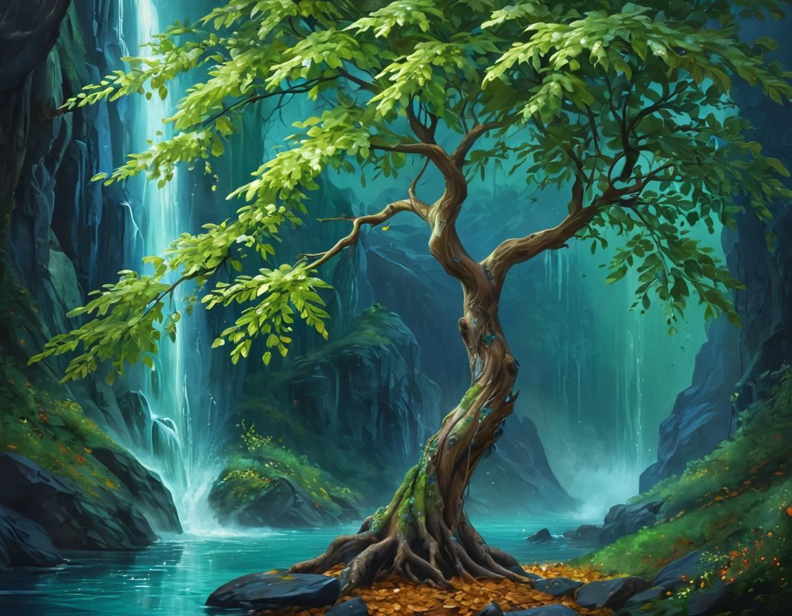Fantasy Oil Painting: Tree by Blue Waterfall