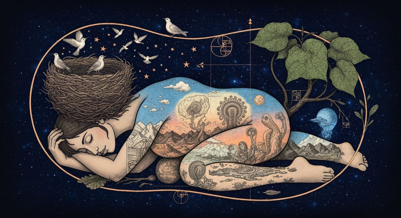 Woman Carrying Star Nest, Nature and Cosmic Connection