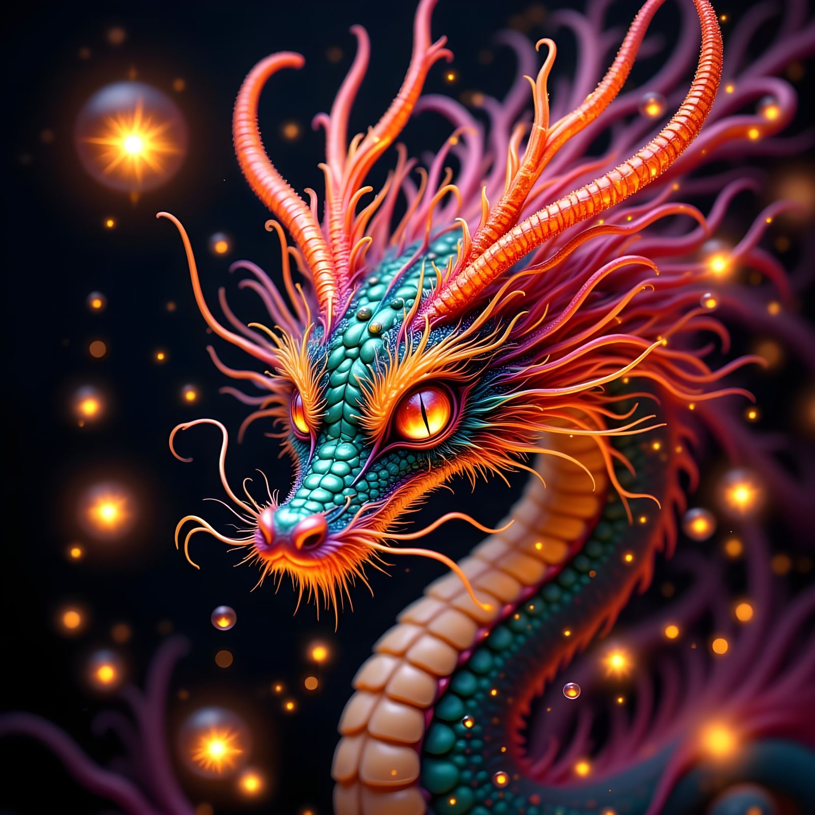 Ethereal Chinese Dragon with Chrome Scales and Glowing Eyes