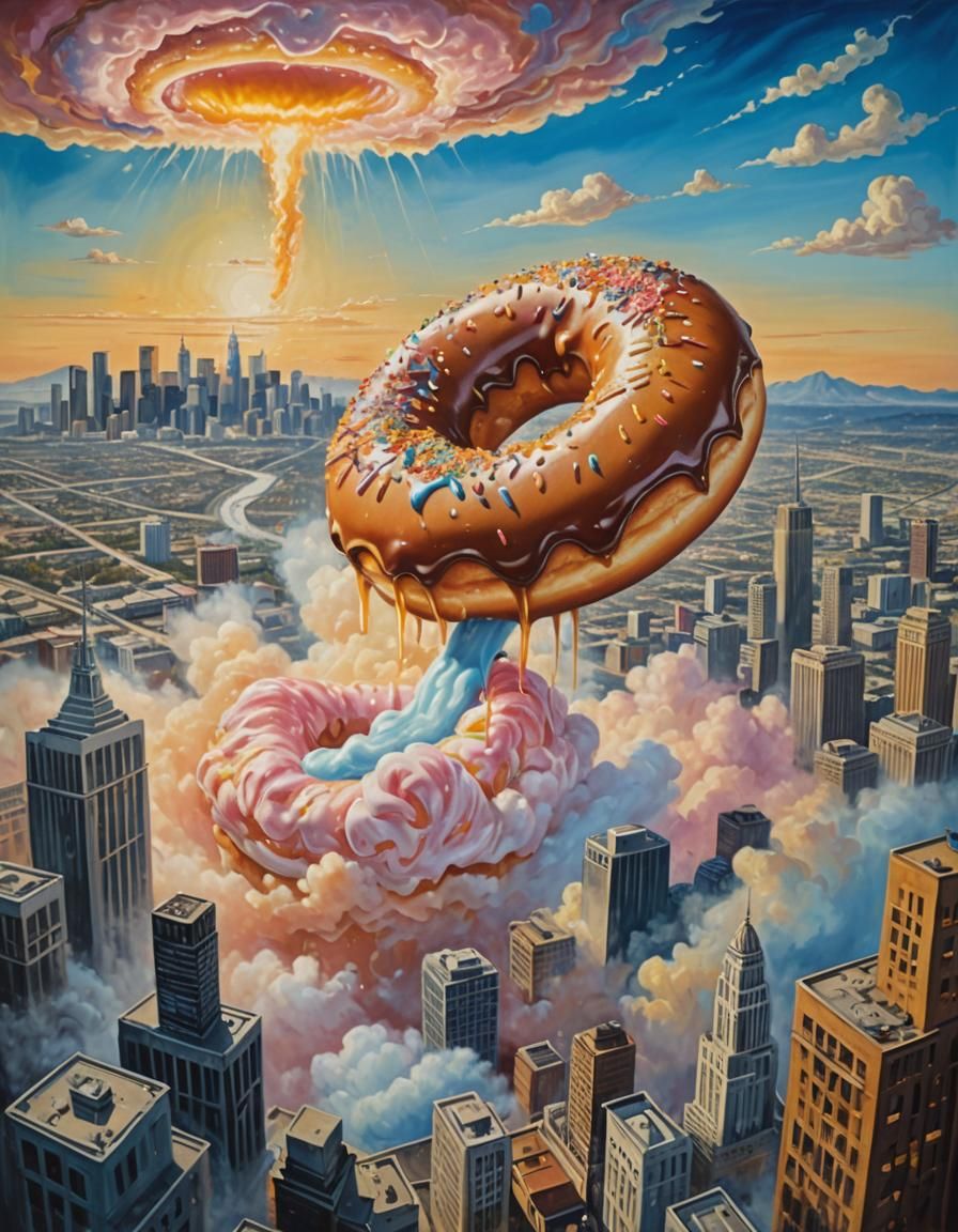 Giant Donut Floats Over Los Angeles: Surreal Oil Painting