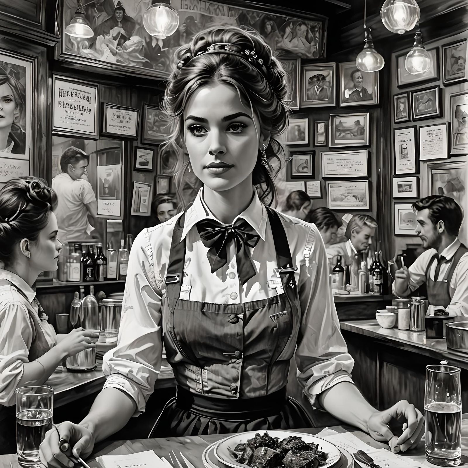 Retro 60s Waitress Portrait in Ink and Watercolor