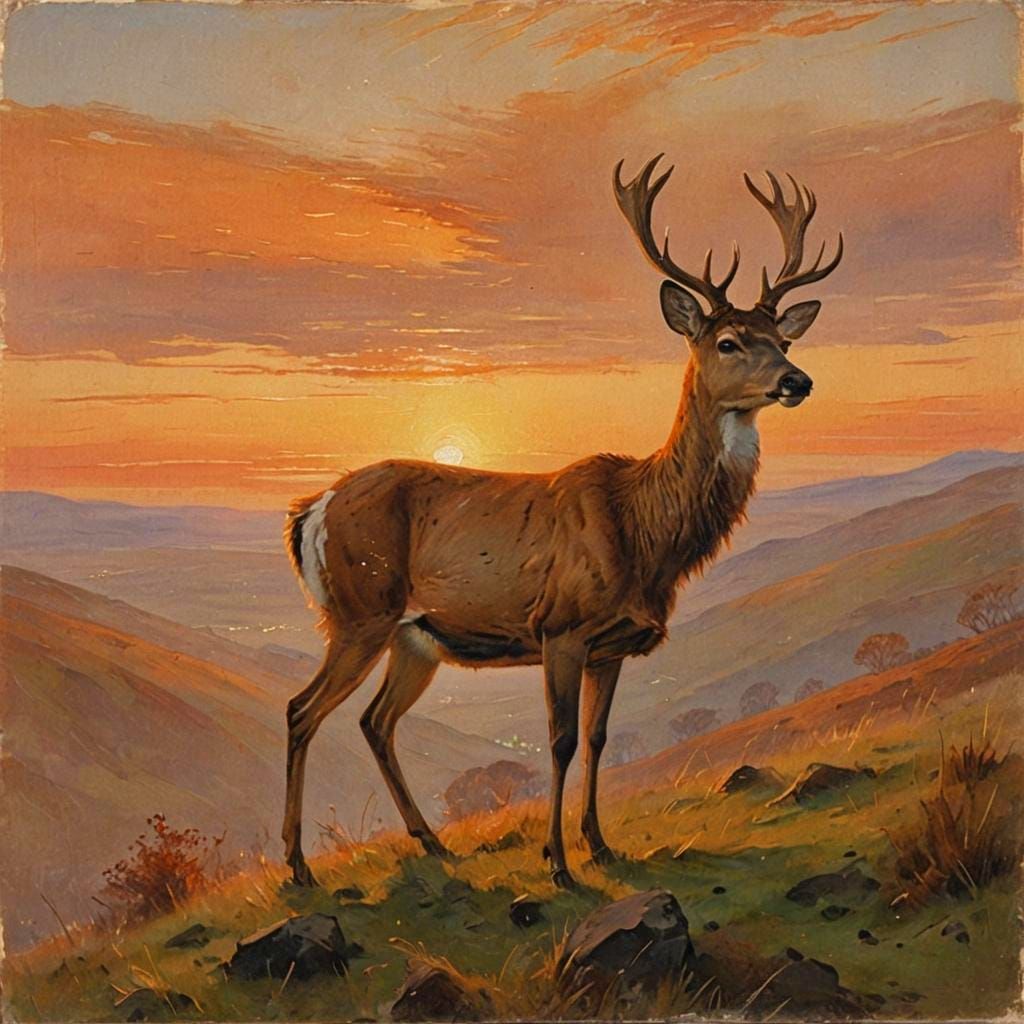 Sunset Deer Hillside: Turner-esque Painting