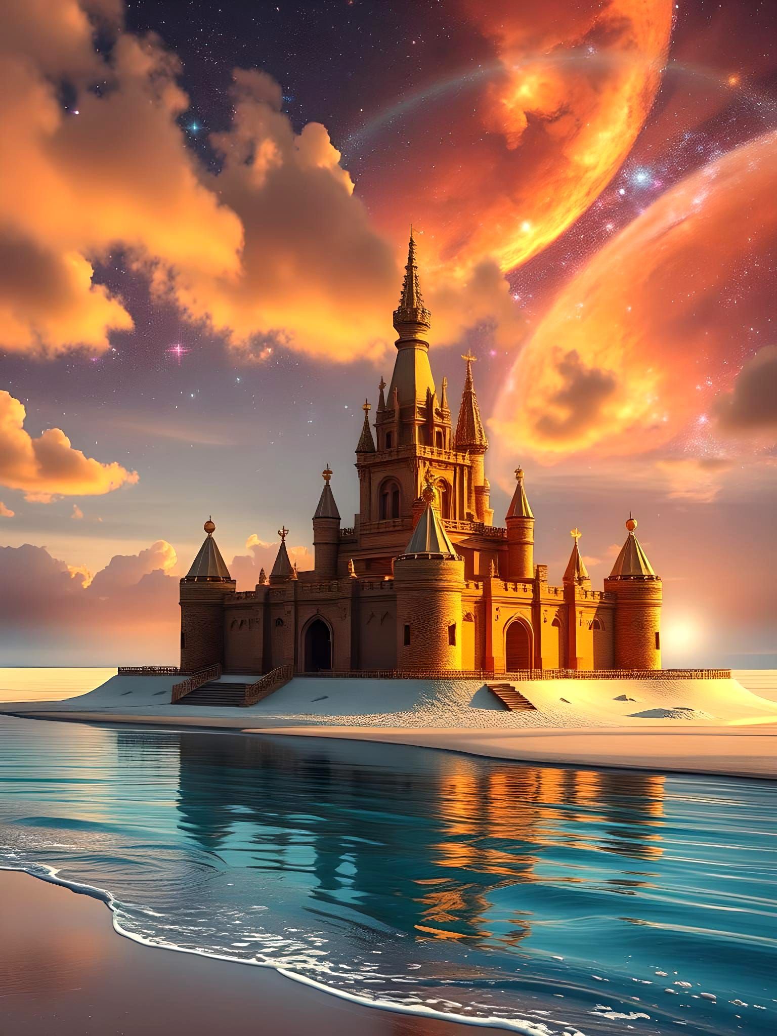 Majestic Sandcastle on Beach with Space Elements