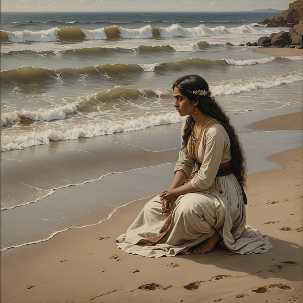 Girl Contemplates the Ocean: Pre-Raphaelite Style