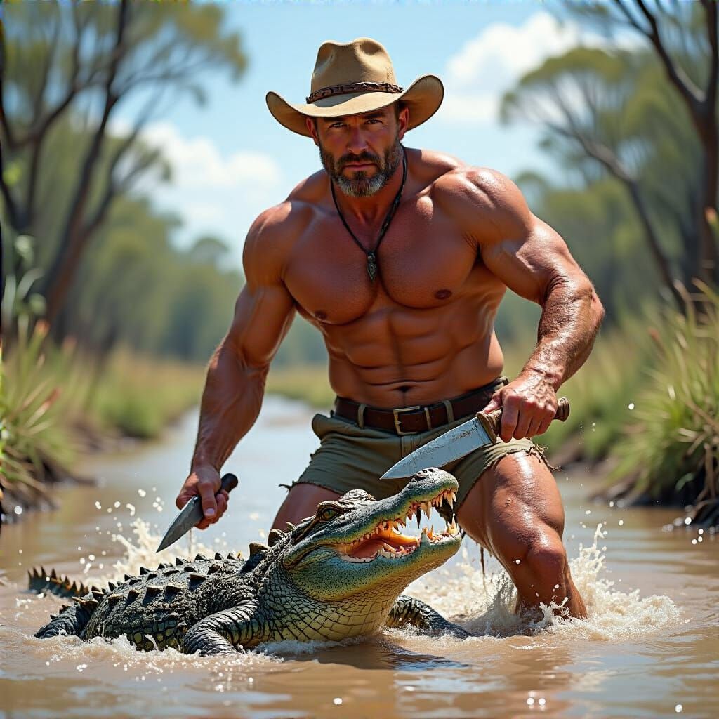 Outback Wrestler: Alligator Battle in Vibrant Light