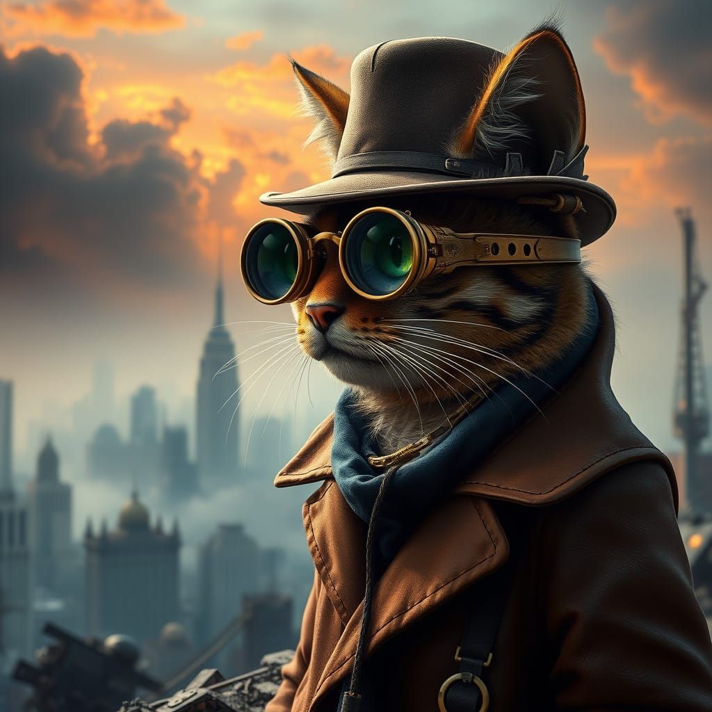 Mysterious Cat Surveyor Amidst Apocalyptic Wonders