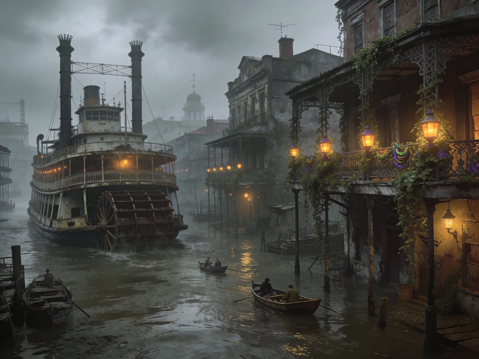 Post-Apocalyptic New Orleans Cityscape with Mardi Gras Lante...