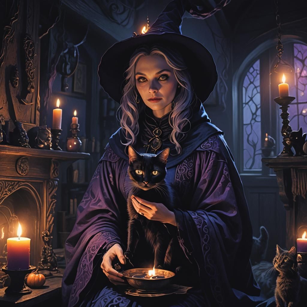 Witch and Cat in Dark Fantasy Matte Painting