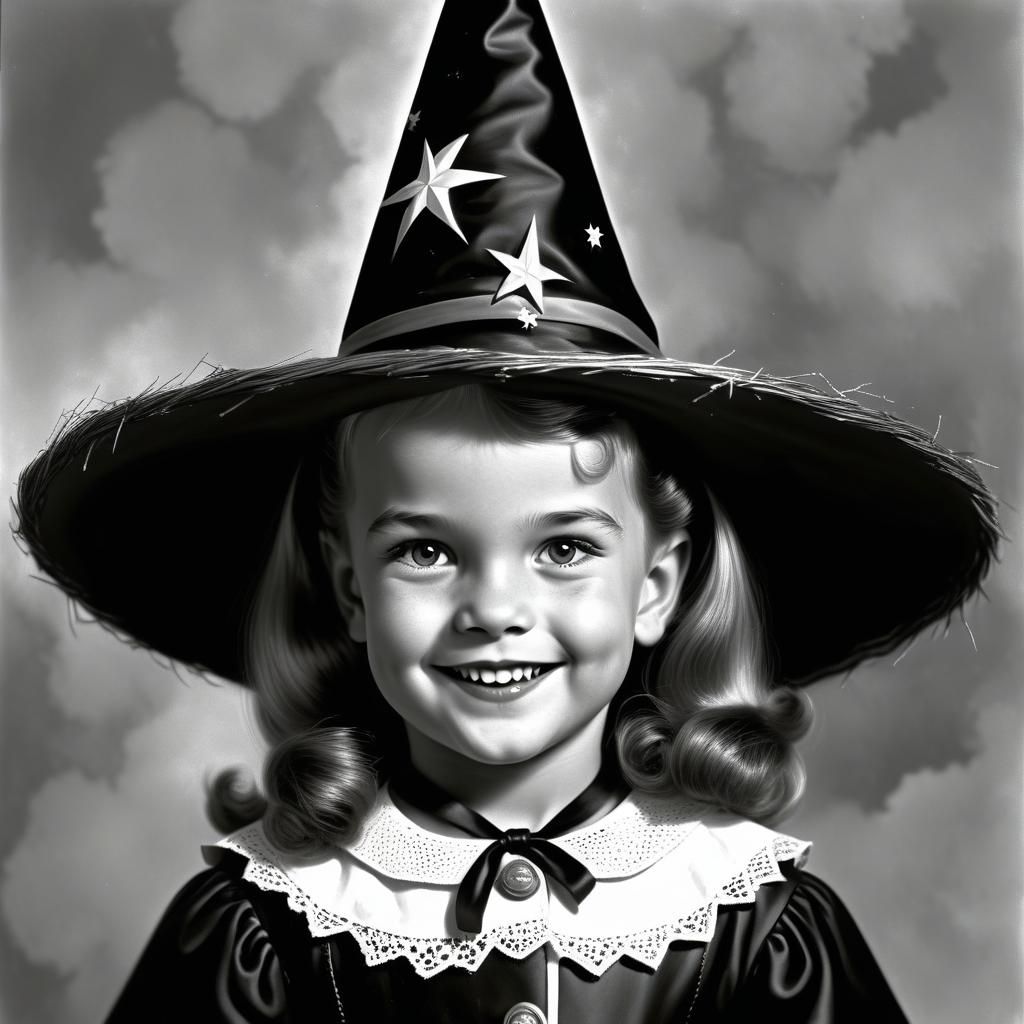 Adorable 1950s Child Witch in Photorealism