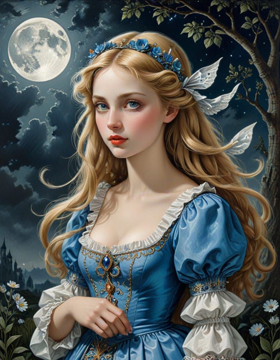 ((hyperdetailed Metaphysical Painting)) moonlight_maiden Alice_wonderland by Carlo Carrà