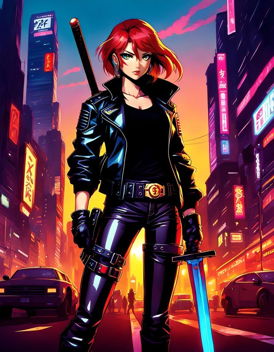 Sunset Shimmer with Sword in Cyberpunk Anime Style