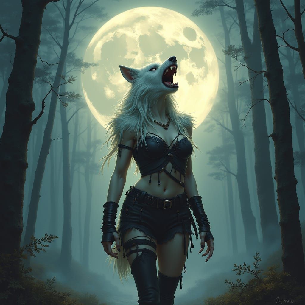 White Werewolf Howling at Moon in Fantasy Art