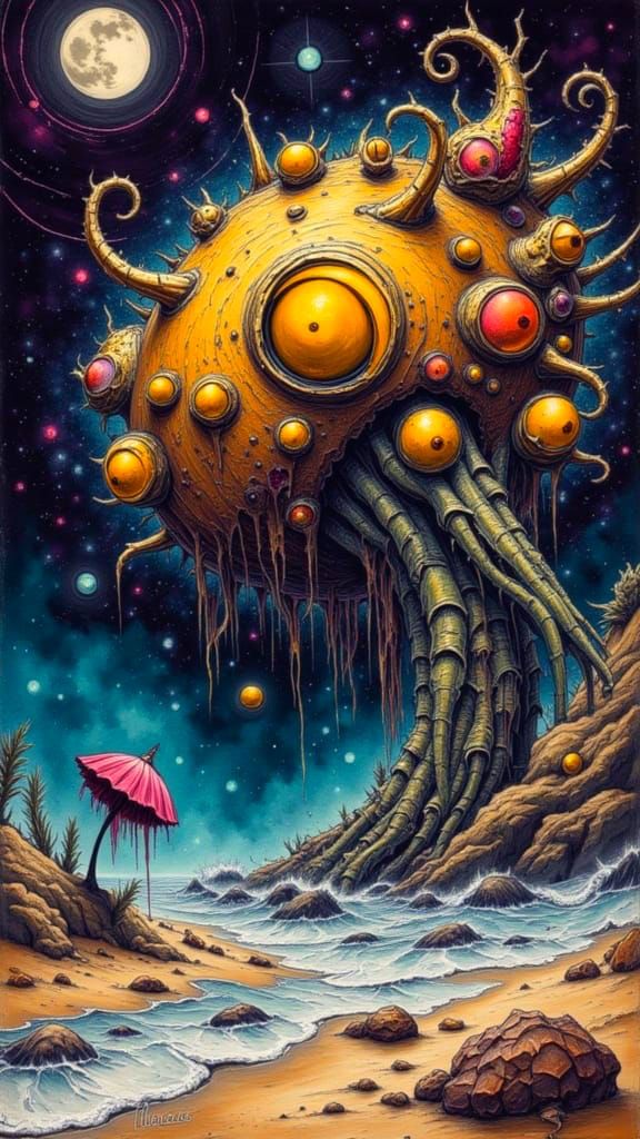 Vibrant Neon Monster on Celestial Beachscape