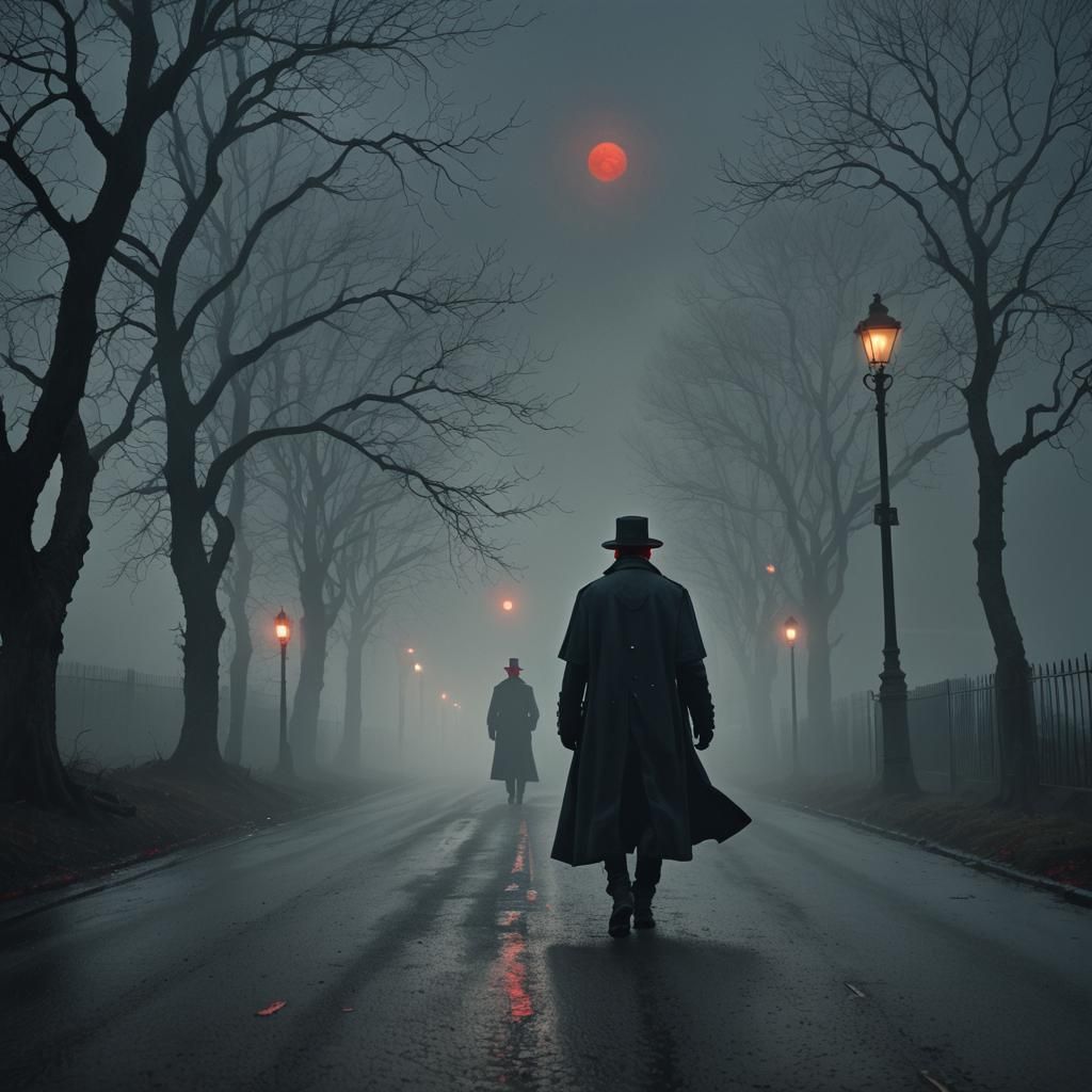 Shadowy Hat Man Walks a Foggy Road