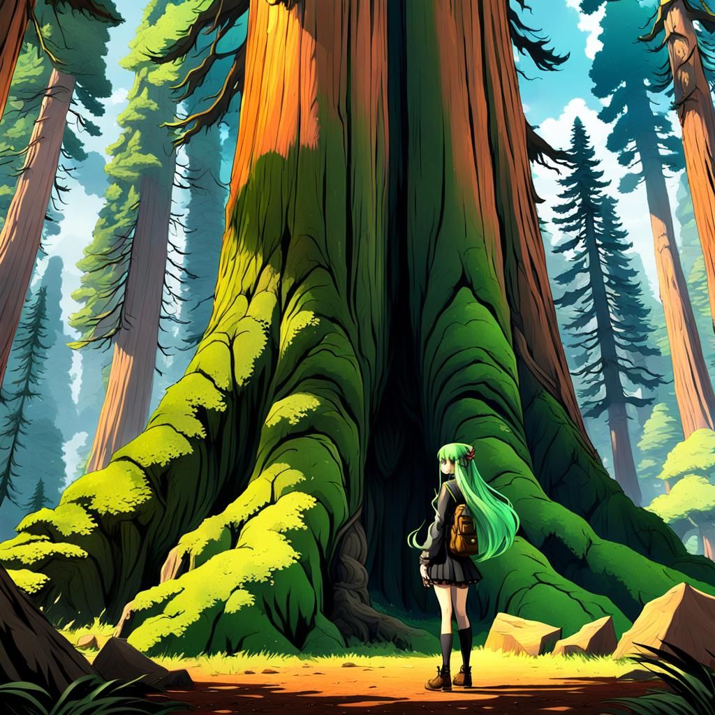 Anime Girl at Sequoia Foot, Detailed Matte Painting