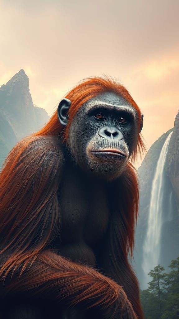 Ethereal Orangutan Queen in Pastel Mountain Landscape