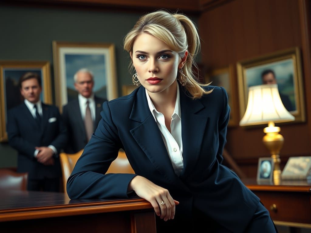 Cinematic Blonde Woman in Blue Suit Portrait
