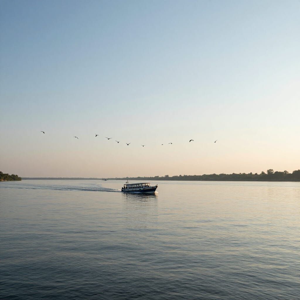 Golden Hour River Scene with Birds and Boat
