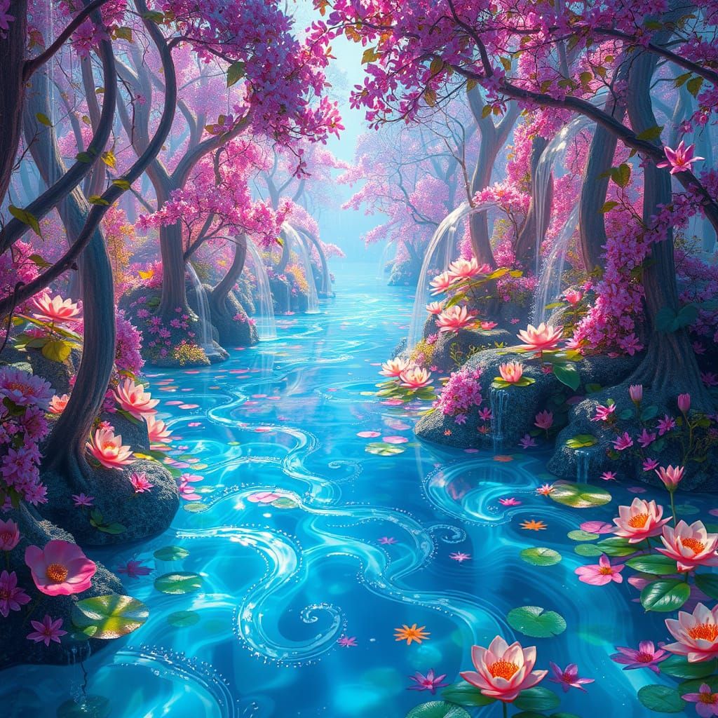 Dreamlike Crystal River in a Fantastical Forest