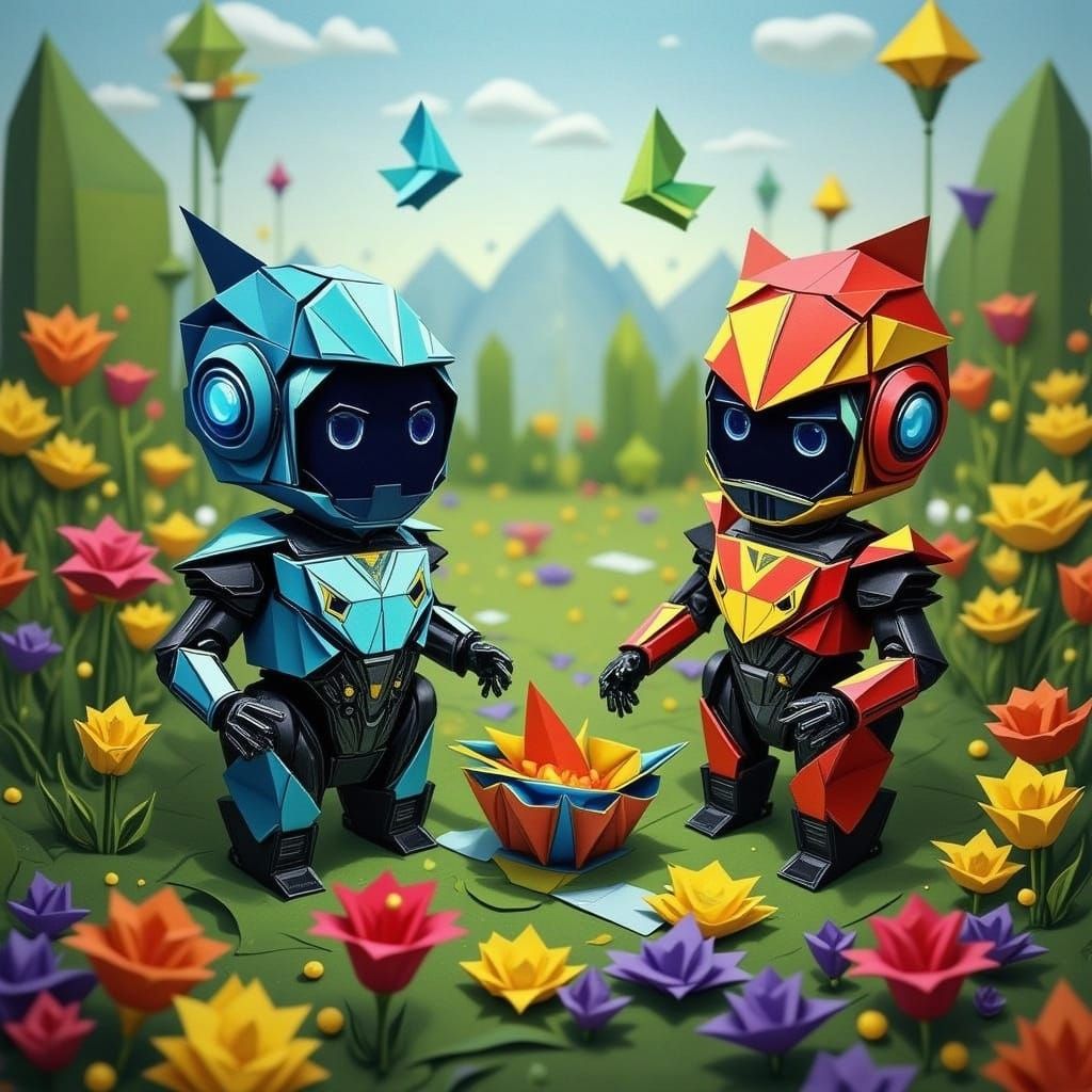 Robots Amidst Vibrant Floral Blooms in Whimsical Origami Sty...